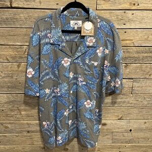 NWT Free Planet Men's XXL Polo Shirt Gray Blue Tropical Button Up Casual Comfort